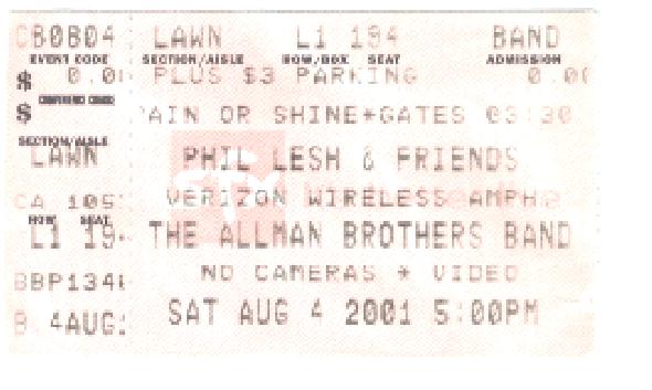 My ticket from the 8-4-01 show