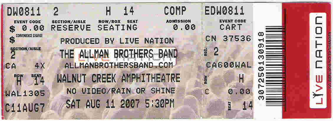 Ticket stub from 8/11/2007 Raleigh, NC ABB show at Walnut Creek Amphitheatre.
