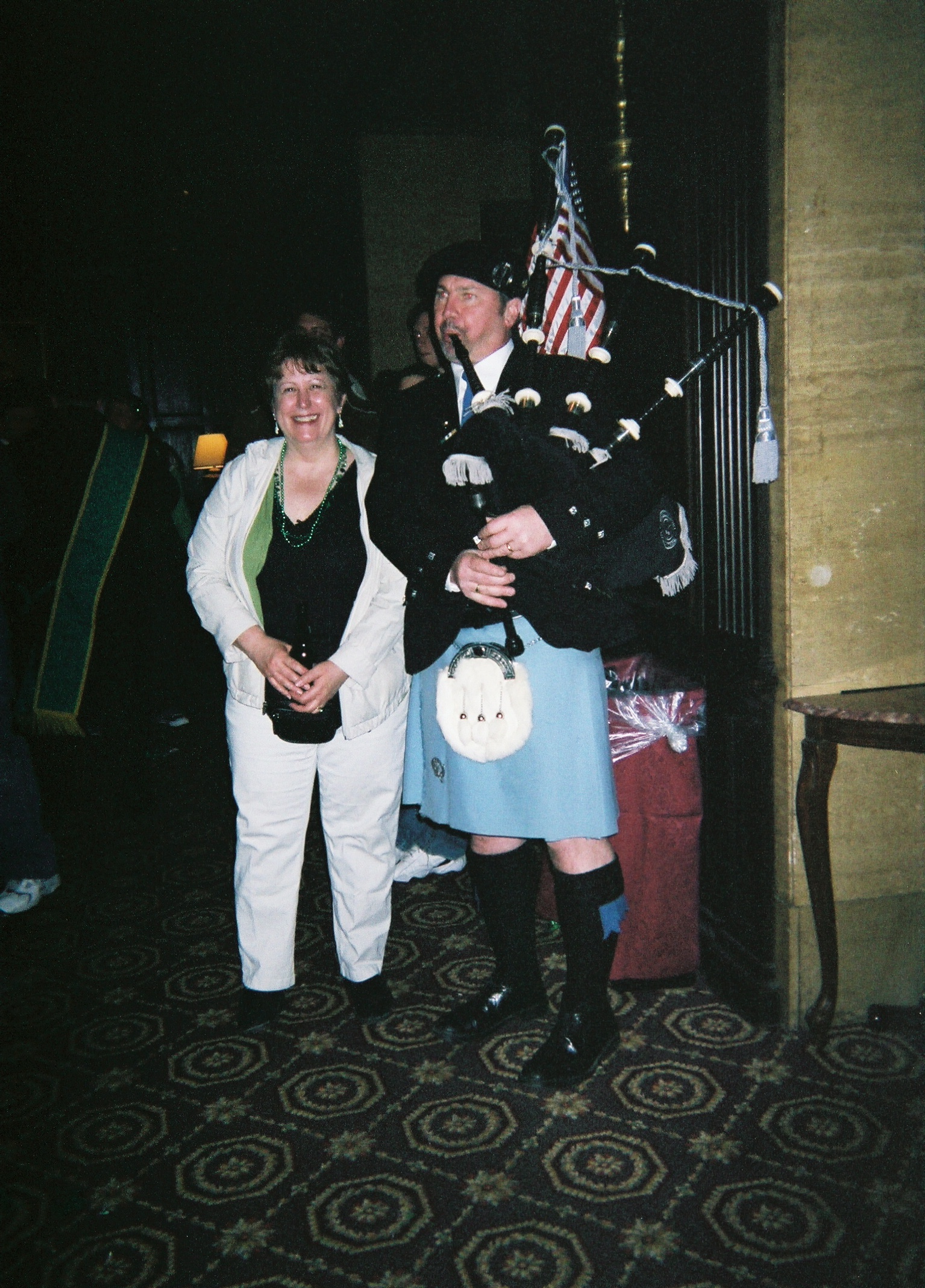 Marshymallow aka Mrs. Corny and Tim the Bagpiper at the Roosevelt Hotel during the St. Pat's Day Parade in NYC