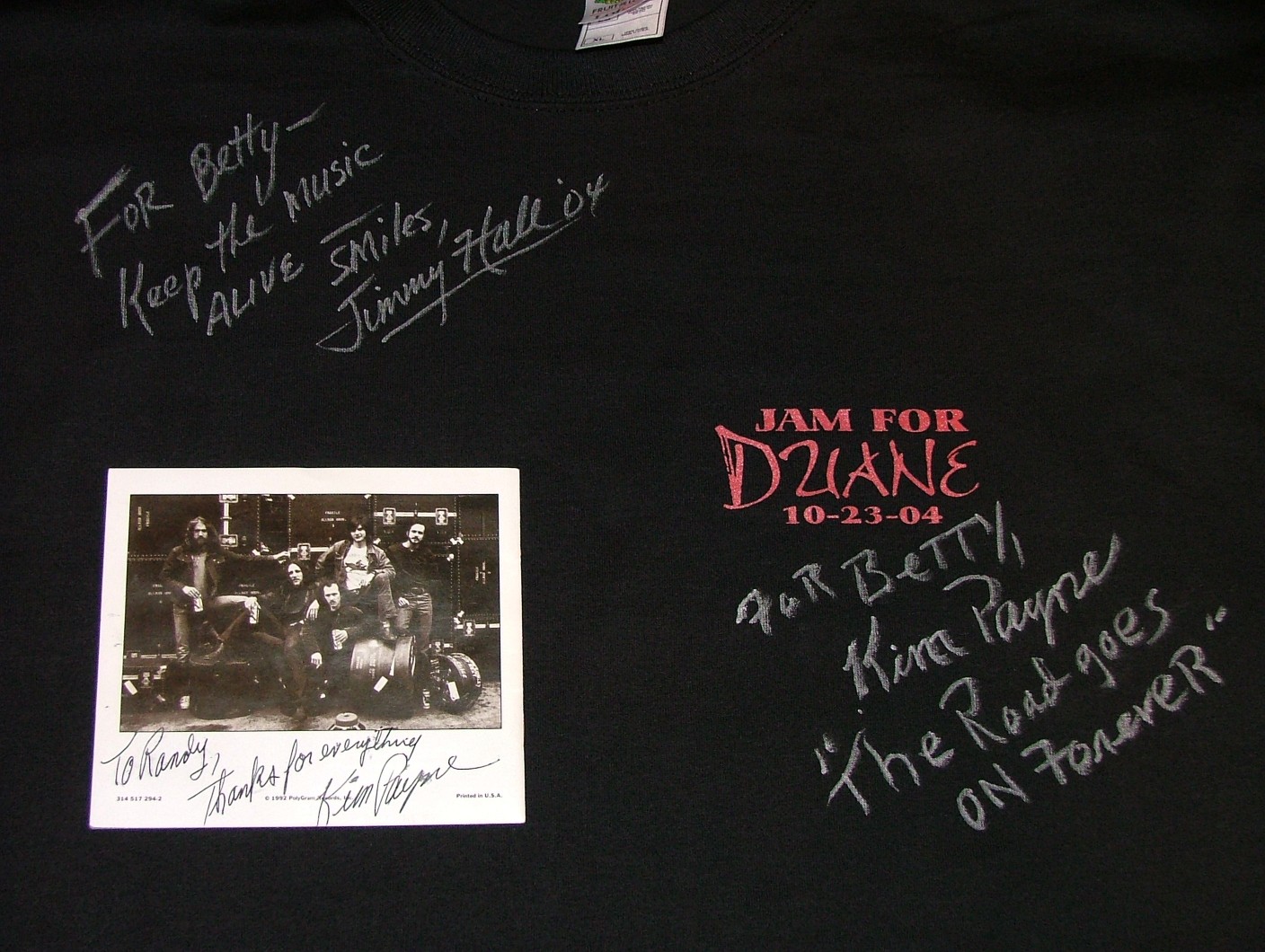 Sistah Betty's autographed T-shirt with Randy's autographed Fillmore CD insert.