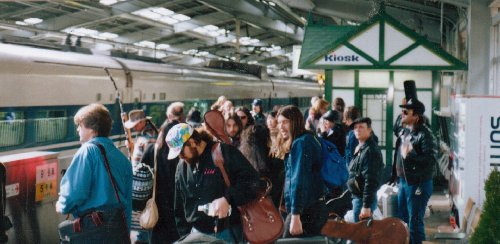 ABB at the Shinkansen station (bullet train) during the 1991 Japan tour