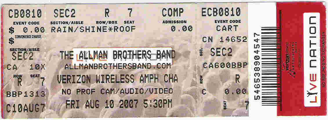 Ticket stub from 8/10/2007 Charlotte, NC ABB show at Alltel Pavilion.